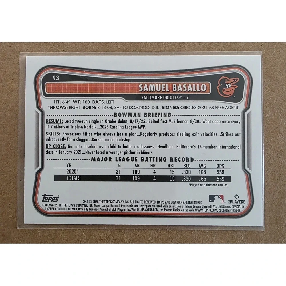 2026 Bowman Samuel Basallo Rookie Sky Blue 247/499 Orioles RC #93 Paper